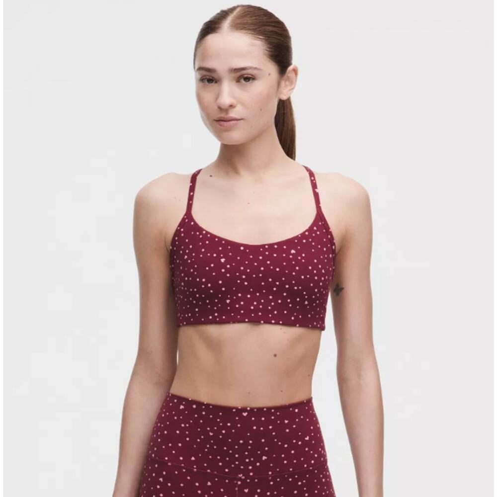 NWT Lululemon Flow Y Bra Nulu in Heart Scatter Dot Print Burgundy Size 8